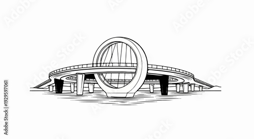 Modern circular structure with elevated roadways and supporting pillars over water