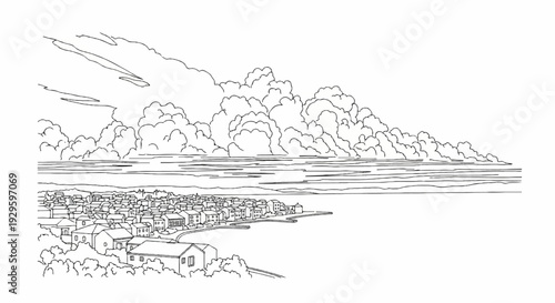 A sketch of a coastal town with many buildings under a cloudy sky