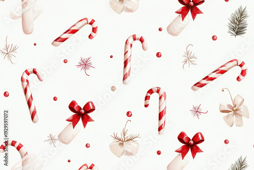 Wallpaper Mural Watercolor candy canes, red bows, and festive ornaments create cheerful holiday pattern, perfect for seasonal decorations Torontodigital.ca