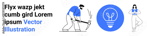 Innovation, productivity, creativity, mindfulness, work-life balance, problem-solving. A worker with a pickaxe, a light bulb icon and a meditating woman. Productivity and creativity concepts