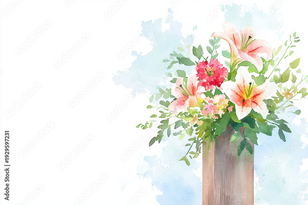 Obraz premium Beautiful watercolor depiction of floral arrangement featuring lilies, roses, and greenery, evoking sense of tranquility and elegance