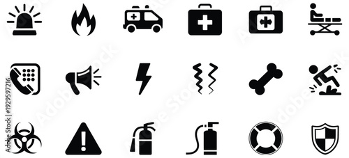 emergency and safety icon set featuring ambulance, fire, medical kit, warning signs and first aid equipment for industrial security design, protection services and hazard prevention graphics.