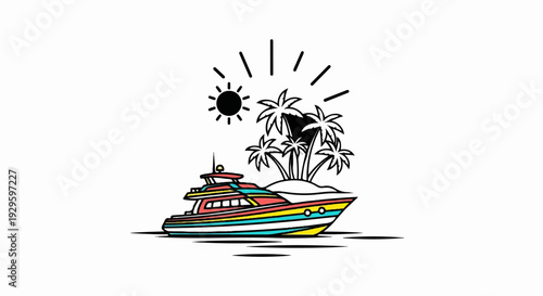 Colorful yacht sails past a tropical island under a sunny sky