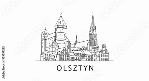 Line drawing of historic buildings with a prominent castle and spire, with name below
