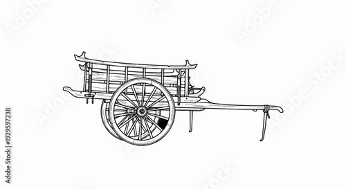 Ornate, old-fashioned wooden cart with a distinctive roof and large spoked wheels