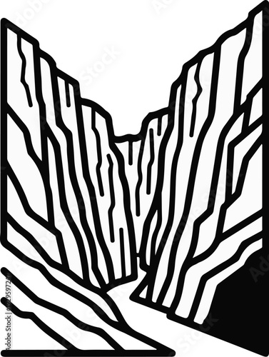 Stylized black and white graphic depiction of a narrow canyon with a winding river at its base