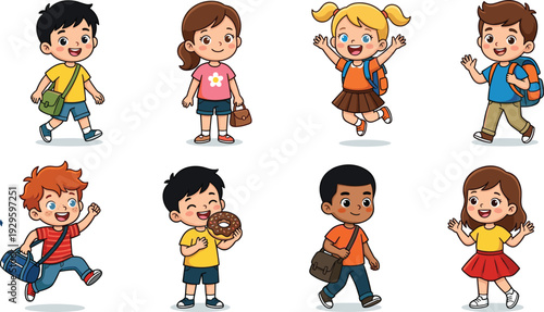 Cartoon illustration of diverse happy children in colorful outfits jumping dancing playing and smiling joyful kids artwork perfect for education childhood friendship and school content