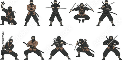 Ninja, warrior, character, set, collection, standing, in, different, poses, action, holding, sword, katana, shuriken, martial, arts, japanese, assassin, fighter, vector, illustration, isolated