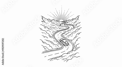 Winding road through mountains with a car heading towards the rising sun