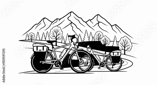 Two bicycles equipped for touring, parked on a winding path amidst trees and mountains