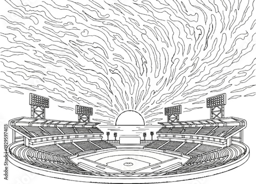 A stadium with a baseball field and bright sunburst lighting up the sky