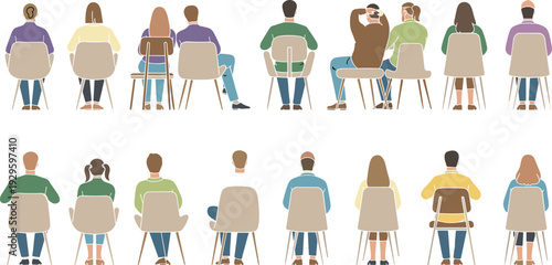 People, sitting, in, chairs, back, view, set, collection, vector, illustration, rear, view, audience, group, characters, isolated, white, background, meeting, casual, clothes, icons