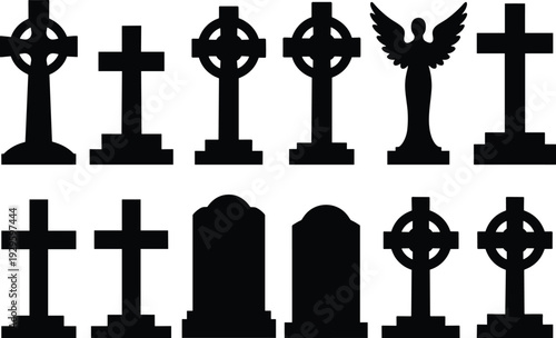 Set of black graveyard headstone silhouettes and religious crosses isolated on white background, cemetery symbols for Halloween design, memorial monuments, and spooky gothic landscape elements.