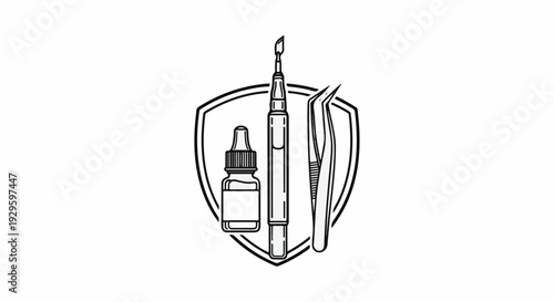 A clean vector illustration featuring tools and a bottle within a shield