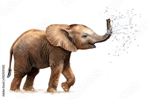 Wallpaper Mural Playful baby elephant sprays water joyfully, showcasing its playful nature and curiosity in vibrant watercolor style Torontodigital.ca