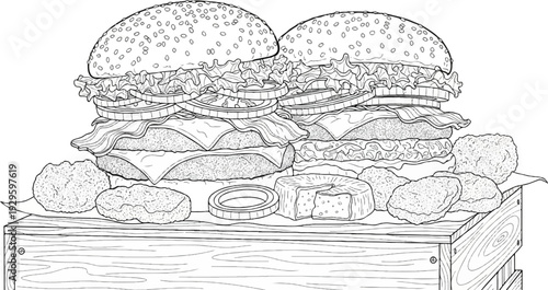 Two stacked, loaded, delicious-looking burgers and fried chicken pieces on a crate