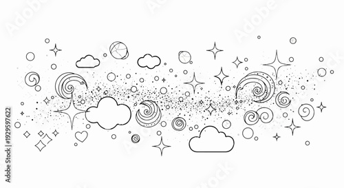 Whimsical fantasy sky with clouds, stars, swirls, hearts, and scattered dots