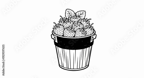 Basket overflowing with ripe strawberries and green leaves, depicted in a sketch