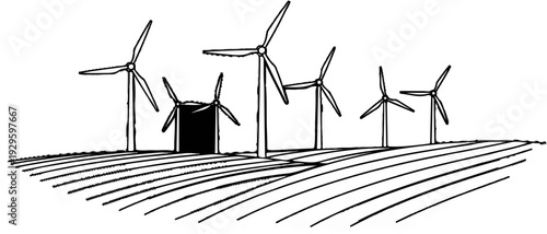 A sketch of several wind turbines in a field under a clear sky