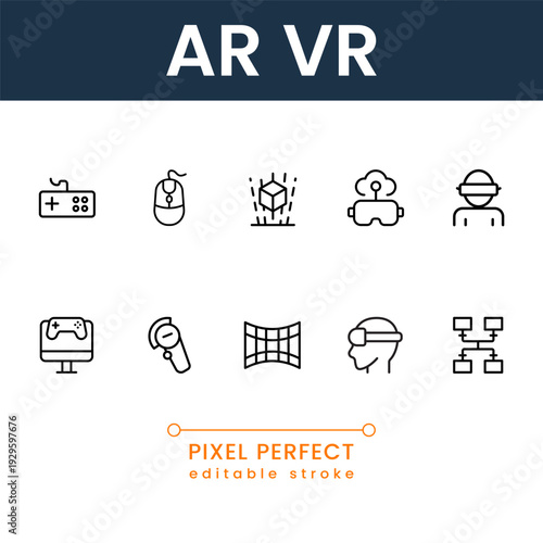 Professional augmented and virtual reality icon pack featuring headset, metaverse and immersive digital experience symbols