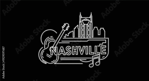 Stylized outline of a guitar and city skyline with text