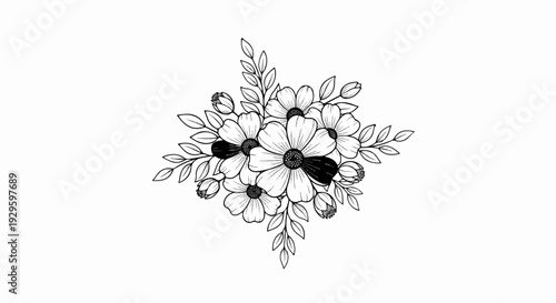 A black and white line drawing of a delicate floral arrangement with buds and leaves