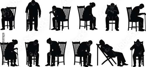 Elderly people sitting on chairs with walking canes, black silhouette vector illustration, senior citizens in sad and tired poses, aging concept collection