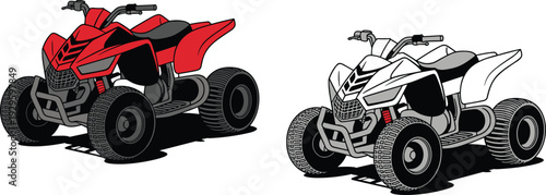 Cartoon illustration of two all terrain vehicles ATV side by side red and white models with rugged tires sporty design artwork perfect for automotive transport and adventure content