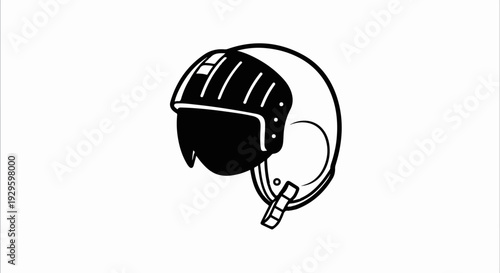 A stylized black and white drawing of a vintage motorcycle helmet with a visor and chin strap