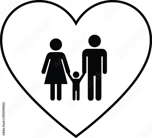 Family silhouette icon with parents and child inside heart outline, black design symbolizing love, unity, care, and strong familial bonds