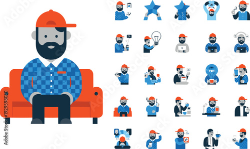 Set of bearded man character icons wearing red cap and plaid shirt, featuring various activities like sitting on sofa and holding lightbulb,