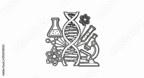 Science icons DNA, flasks, microscope, atoms, molecular structure