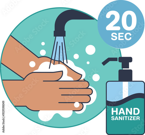 Close up illustration of hands being washed with soap under running water for twenty seconds next to a hand sanitizer bottle for virus prevention
