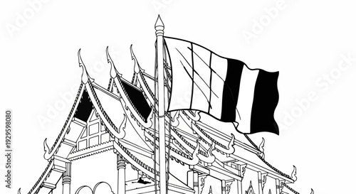 Ornate building with curved roofs topped by a stylized flag flying high