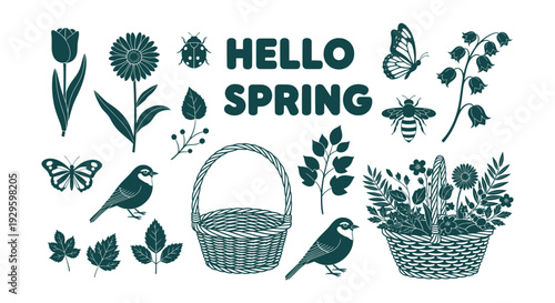 Stylized Blue Folk Art Floral Botanical Elements Minimalist Nature Vector Set Collection