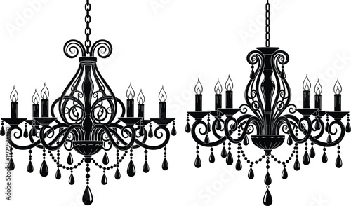 Elegant Black Chandelier Silhouette Vector Set with Ornate Crystal Pendant Lamps and Luxury Lighting Fixtures for Classic Interior Design Decor Projects