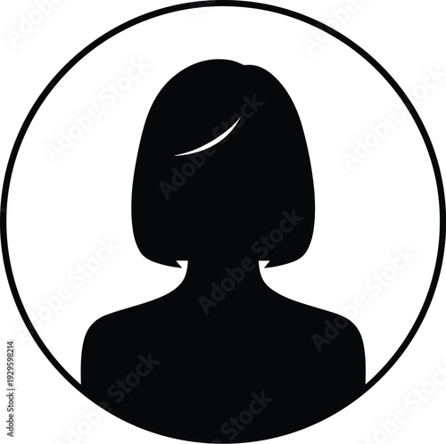Female silhouette profile icon with shoulder‑length bob hairstyle inside circular border, minimalistic black and white design for user representation