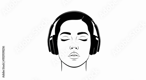 A black and white line drawing of a person with closed eyes wearing headphones