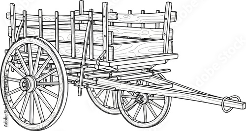 Wooden cart with two large wheels and a smaller rear axle, detailed line drawing