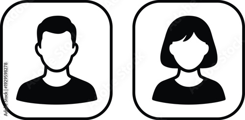 Male and female silhouette icons inside rounded square borders, minimalistic black and white design symbolizing gender, profiles, and identity