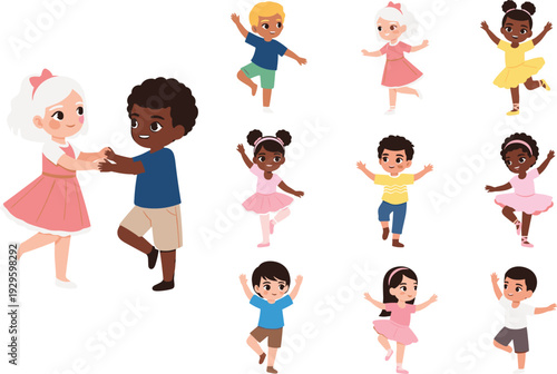 Set of cute diverse children dancing and practicing ballet, featuring little boys and girls in tutus and casual clothes, isolated vector illustration,