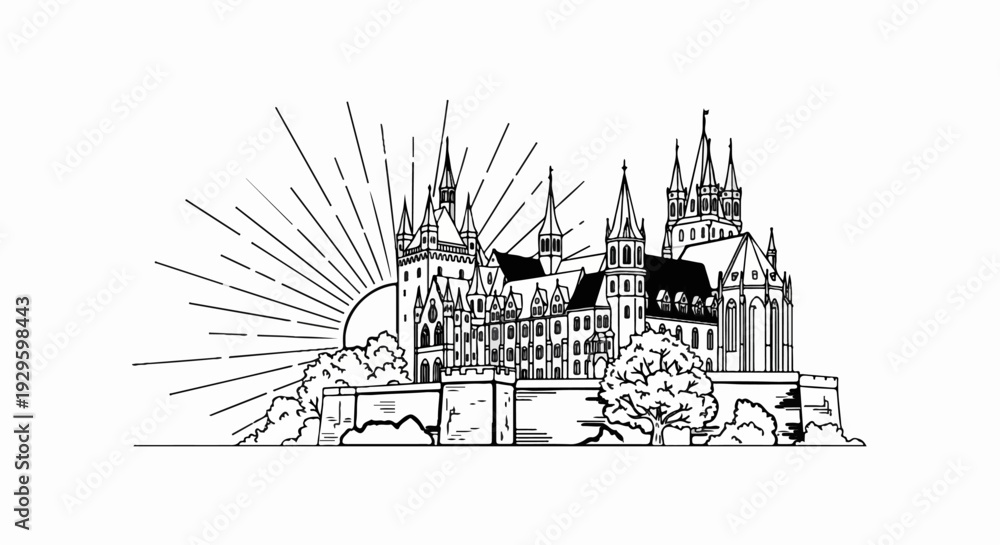 Fototapeta premium Ornate Gothic castle silhouette rises against a sunburst and trees