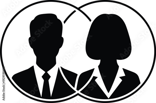 Venn diagram with male and female silhouettes, overlapping circles symbolizing comparison, shared traits, and differences in analytical contexts