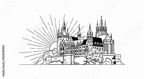 Ornate Gothic castle silhouette rises against a sunburst and trees