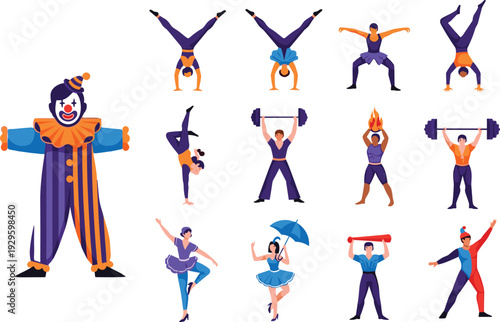 Set of circus performers including a clown, acrobats, gymnasts, weightlifters, and dancers, featuring diverse athletic poses and entertainment characters, isolated vector illustration,
