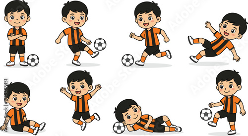 Cartoon illustration of young soccer boy in multiple poses kicking running falling sitting jumping resting with ball cheerful kids sports artwork perfect for athletic children content