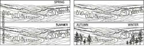 Four seasonal views of a valley with a winding river and varied foliage