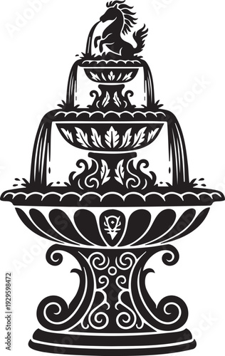 Ornate three tier fountain silhouette topped with horse statue and decorative water streams flowing into basins garden ornament