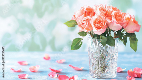 Wallpaper Mural Beautiful arrangement of pink roses in crystal vase, surrounded by scattered petals, creating romantic and elegant atmosphere Torontodigital.ca