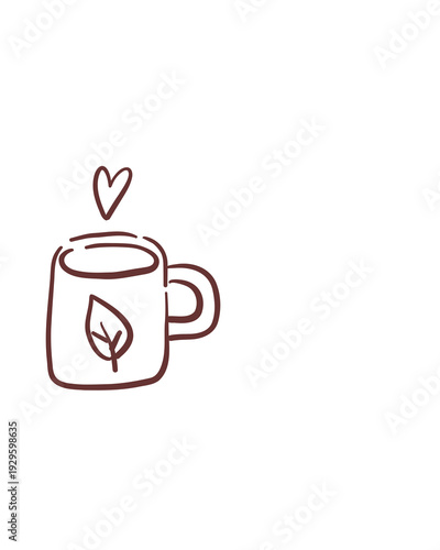 Minimalist Coffee Mug Line Icon with Leaf Symbol and Heart Steam